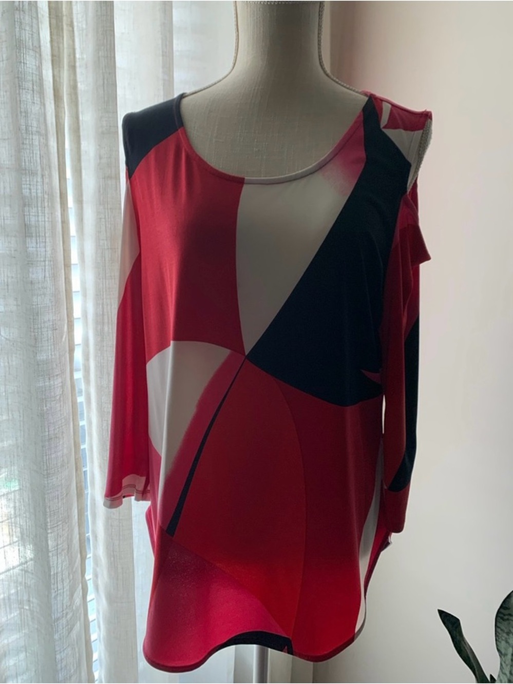 Pink Black & White Geometric Cold-Shoulder Dress
